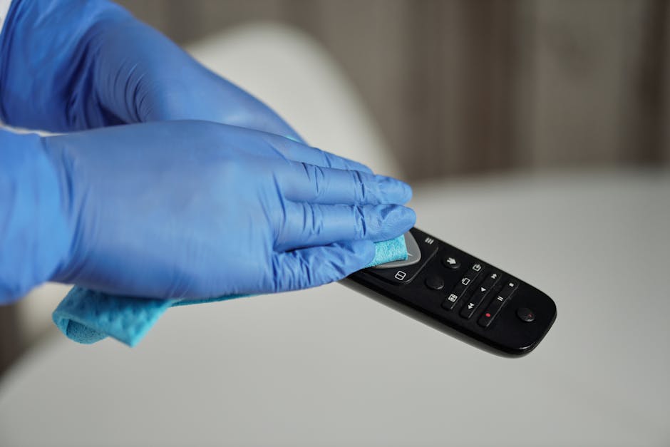 A close-up view of a person wearing yellow rubber gloves holding a blue scrub sponge in their right hand and a spray bottle with a clear nozzle in their left hand. The background shows a light-colored, smooth countertop surface, likely in a domestic or commercial cleaning setting. The environment appears clean and well-maintained, with the focus on cleaning tools used for surface cleaning or sanitisation. The scene emphasizes the cleaning process, aligned with professional efforts by Carpet Cleaning SE11, as seen on the page about avoiding common cleaning mistakes in Kennington flats, SE11.